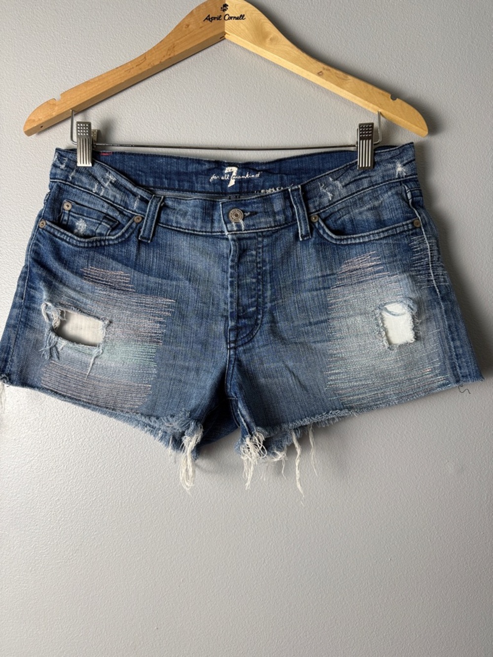 7 For All Mankind Blue Distressed Denim Cutoff Shorts